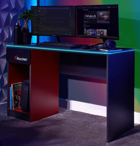 Carbon-Tek Gaming Desk with LED and Wireless Charging, Gray/Red - X Rocker