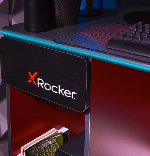 Carbon-Tek Gaming Desk with LED and Wireless Charging, Gray/Red - X Rocker