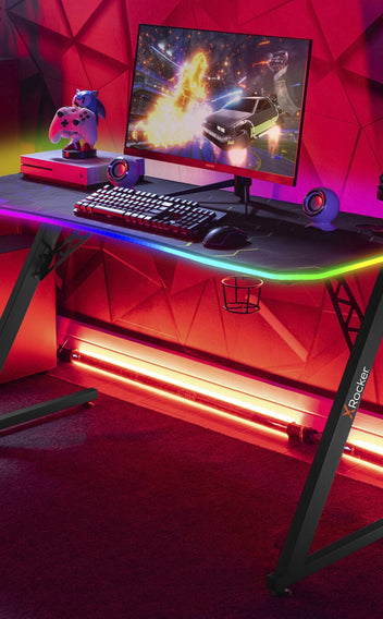 X Rocker ergonomic gaming desk with RGB LED lights and cable management