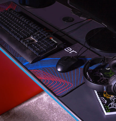 Carbon-Tek Gaming Desk with LED and Wireless Charging, Gray/Red - X Rocker