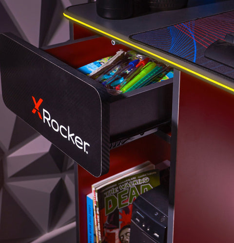 Carbon-Tek Gaming Desk with LED and Wireless Charging, Gray/Red - X Rocker