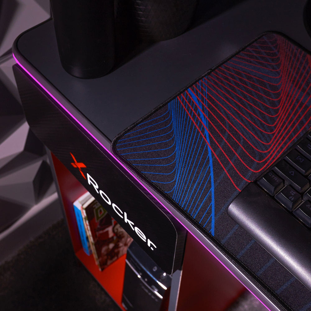 Carbon-Tek Gaming Desk with LED and Wireless Charging, Gray/Red - X Rocker