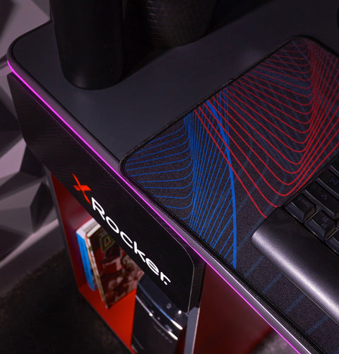 Carbon-Tek Gaming Desk with LED and Wireless Charging, Gray/Red - X Rocker