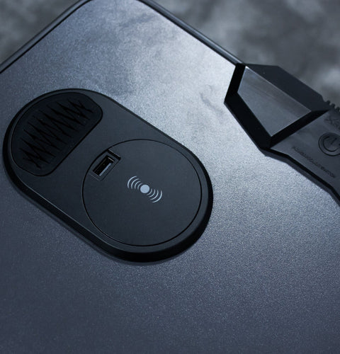 Carbon-Tek Gaming Desk with LED and Wireless Charging, Gray/Red - X Rocker