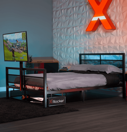 Basecamp LED Gaming Bed with XL TV Mount, Black, Full - X Rocker