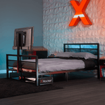 Cama para juegos con LED Basecamp y soporte para TV XL, color negro, tamaño completo